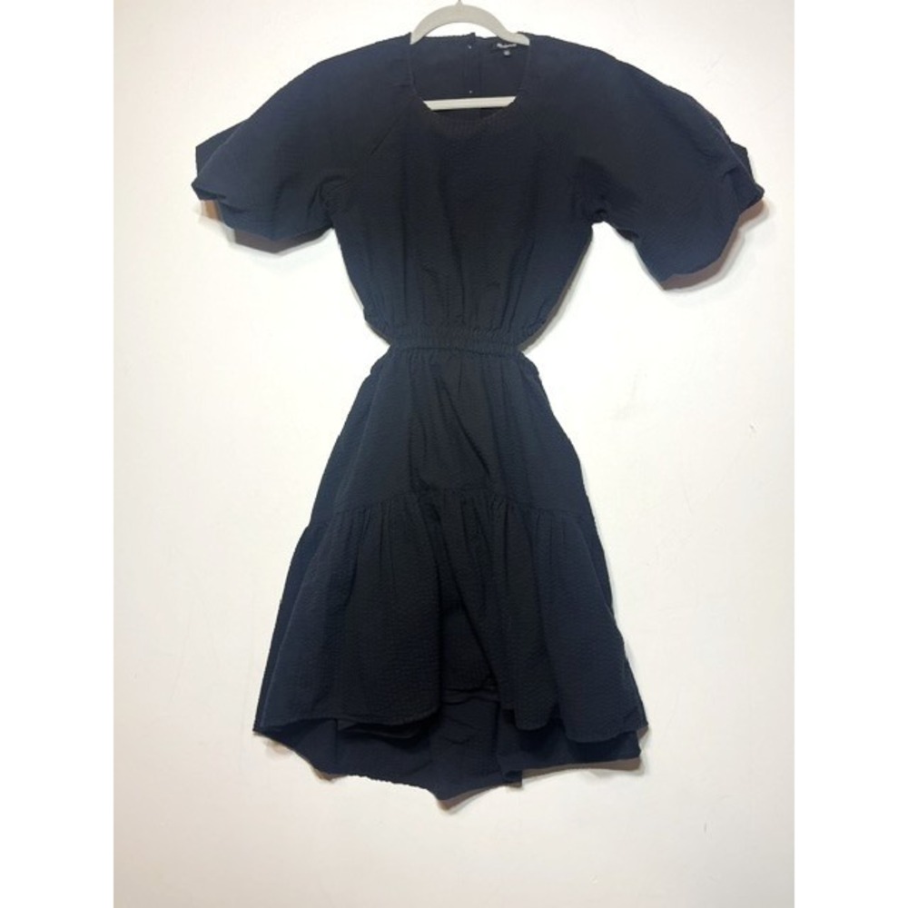 Madewell Cutout Puff Sleeve Button Elastic Waist Black Dress Sz XXS